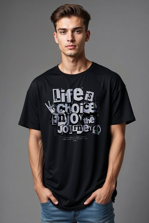 חולצת טי שחורה לגבר עם הדפס טקסט Life is Choice Enjoy the Journey