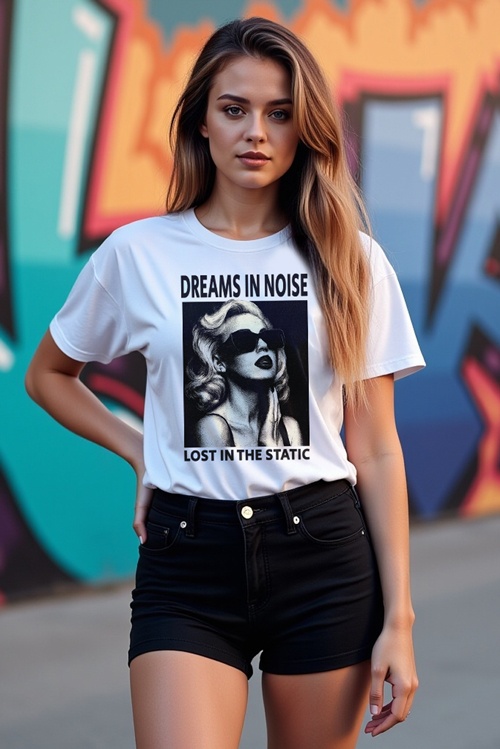 חולצת טי לבנה לנשים עם הדפס גרפי DREAMS IN NOISE ולוק אורבני מודרני
